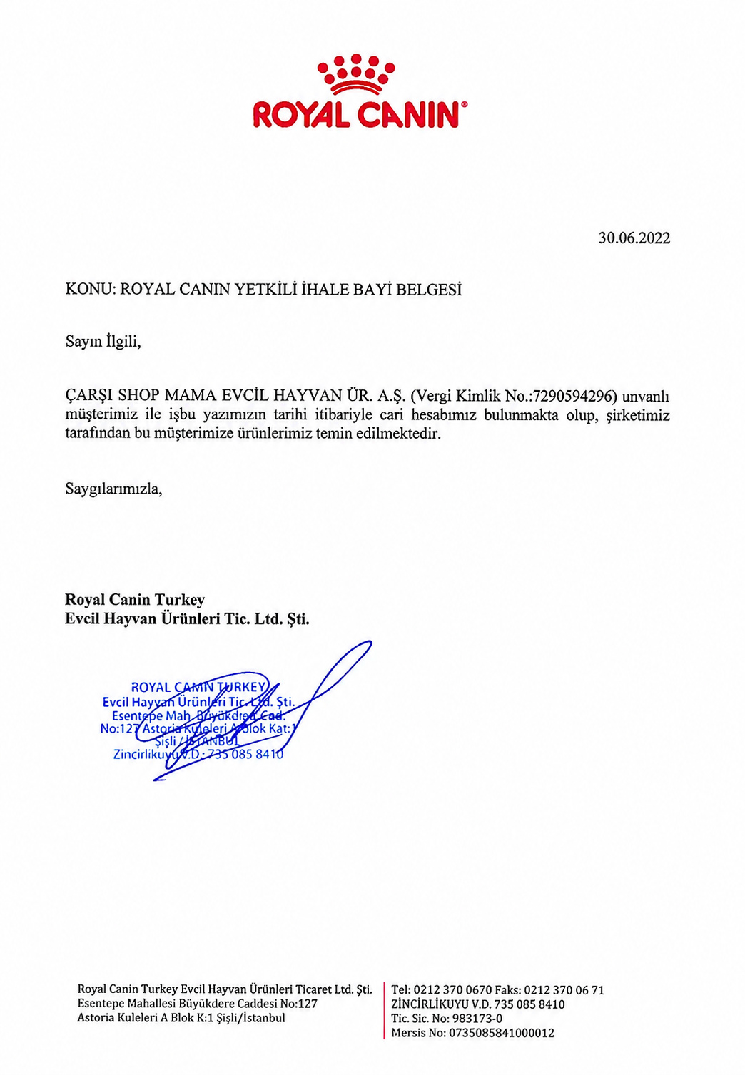 Royal Canin Yetkili İhale Bayi Belgesi